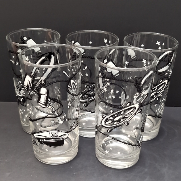 Vintage Set Of 5 Libby High Ball Glasses With Nautical Theme. - Picture 1 of 7